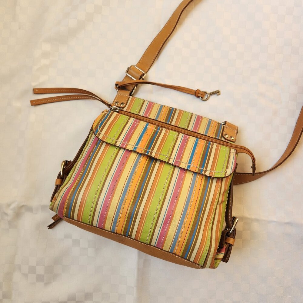 Fossil 100% Leather Beige/ Multicolor Strips Crossbody Bag